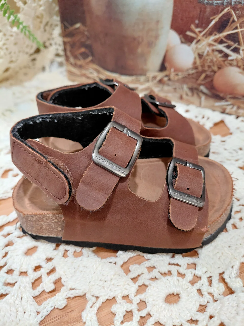 Lucky Brand Brown Double-Buckle Kids Sandals with Silver Buckles